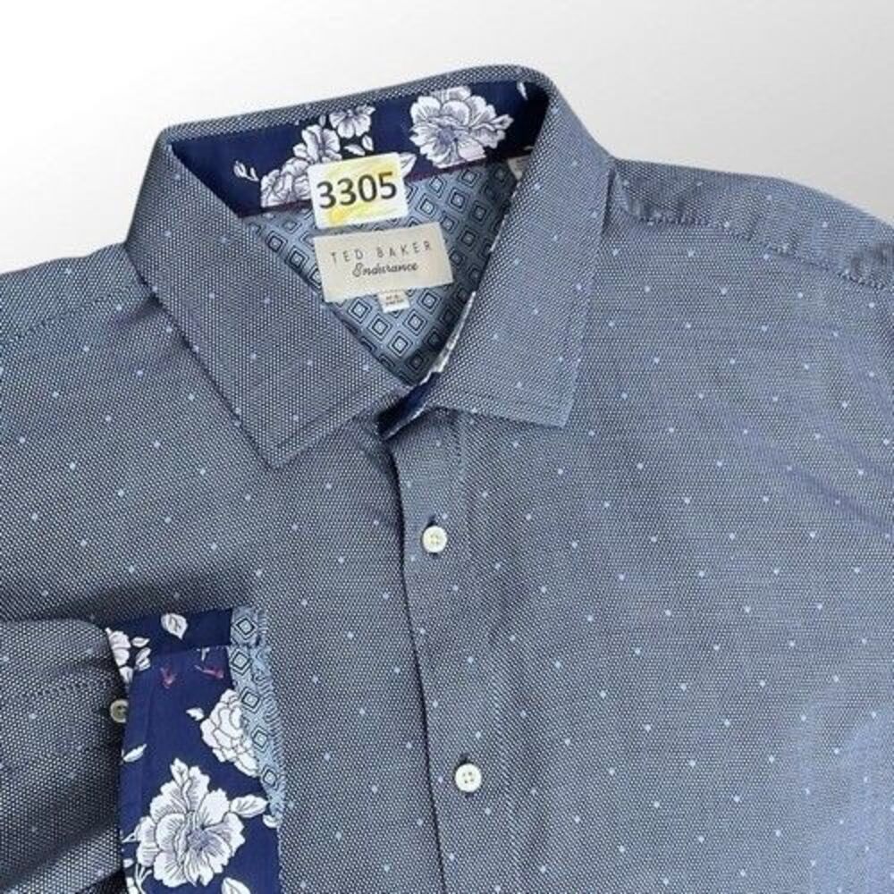 NWOT Ted Baker Endurance Button Up Shirt Men Size 34/35/17.5 Blue Flip Cuff